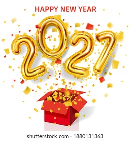 2021 Happy New Year background. Gold realistic 3d balloons foil metallic numbers gift box explosion of glitter gold confetti. Vector illustration celebrate festive party, poster, banner, initation