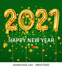 2021 Happy New Year background. Gold realistic 3d balloons foil metallic numbers glitter gold confetti. Vector illustration celebrate festive party, poster, banner, initation, layout design