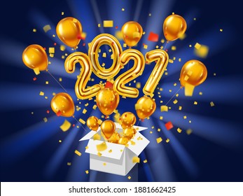 2021 Happy New Year background. Gold realistic 3d balloons foil metallic numbers gift box explosion of glitter gold confetti. Vector illustration celebrate festive party, poster, banner, initation