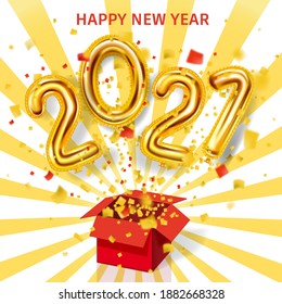 2021 Happy New Year background. Gold realistic 3d balloons foil metallic numbers gift box explosion of glitter gold confetti. Vector illustration celebrate festive party, poster, banner, initation