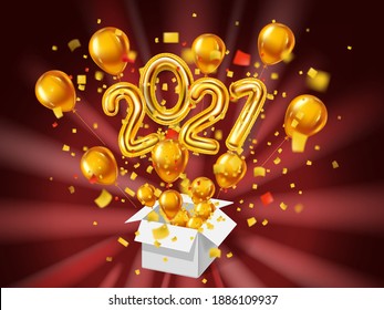 2021 Feliz Año Nuevo. Globos 3d realistas de oro planean números metálicos caja de regalo explosión de oro brillante confetti. Ilustración vectorial celebrar fiesta festiva, afiche, pancarta, agitación