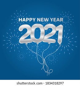 2021 Happy new year balloons with fireworks silver design, Welcome celebrate and greeting theme Vector illustration