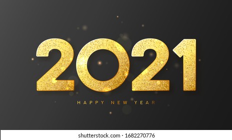 2021 Happy New Year banner. Vector illustration with golden numbers with sparkling sand. Merry Christmas and Happy New Year holiday symbol template on black background.