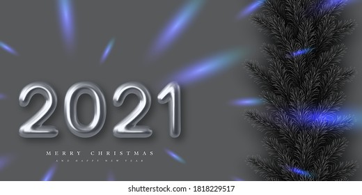 2021 Happy New Year banner. Hand writing 3d metallic numbers 2021 with pine branches. Monochrome background with blue contrast. Vector illustration.