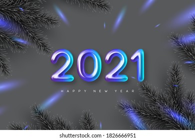 2021 Happy New Year banner. Handwritten 3d metallic number 2021 with pine branches. Monochrome background with blue contrast. Vector illustration.