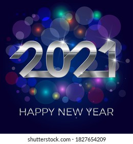 2021, Happy New Year. Banner or invitation, party poster with glittering stars or confetti glitter decoration. Greeting card with silver inscription Happy New Year 2021. Vector Illustration.