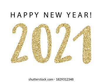 2021 Happy New Year banner with gold glitter rich glossy confetti. 2021 of glittering gold sparkle tinsels. New Year premium vector template. Festive holiday card, banner or party poster