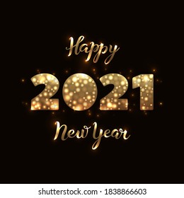 2021 Happy New Year banner wiht brush calligraphy hand lettering gold on a black background. Drawn art sign. Template for banner, poster, flyer, greeting card, web design.