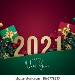 2021 Happy New Year banner with golden numbers, gift boxes, fir tree branches, golden snowflakes and confetti. Winter holidays greeting card design template. 