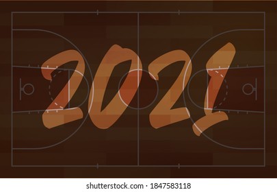 2021 happy new year basketball field greeting card with lettering. Creative basketball field background for Christmas and New Year celebration. Sport greeting card