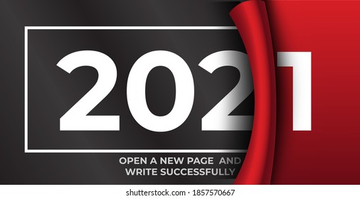 2021 Happy New Year Black Promotion Poster or banner with open gift wrap paper. Change or open to new year 2021 concept.Promotion and shopping template for New Year.Vector EPS10