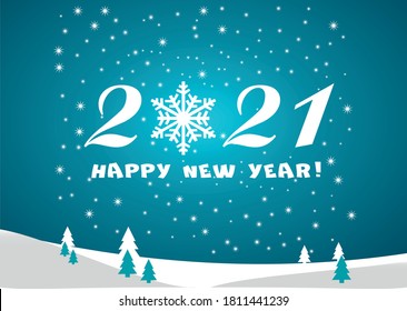 2021 Happy New Year blue background with white stars and snowflakes and text for your Seasonal Flyers and Greetings Card or Christmas.