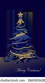 2021. Happy new year. Blue Christmas tree with gold star, garlands and gifts in the new year night at home. Vector illustration.