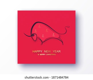 2021 Happy New Year brochure template. Textured red background. Bull, ox, buffalo symbol of the New Year 2021. Template card red color. Vector illustration. EPS 10
