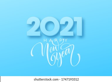 2021 Happy new year brush lettering on the blue background. Vector illustration EPS10