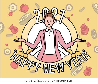 2021 Happy new year. A business woman is sticking out of the window. She is in a welcoming pose with her arms open. hand drawn style vector design illustrations. 