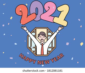 2021 Happy new year. A businessman is sticking out of the window. He is in a welcoming pose with his arms open. hand drawn style vector design illustrations. 