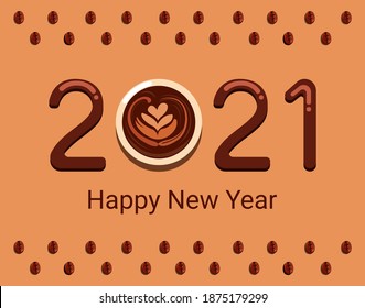 2021 Happy New Year with cafe coffee theme concept in cartoon illustration vector