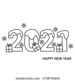 2021 Happy New Year calligraphic greeting lettering with snow flakes and gift boxes. Linear digits for greeting card, Christmas party invitation sale announce and banner. Editable vector illustration