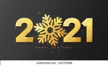 2021 Happy New Year card. Vector illustration with golden numbers with sparkling sand. Merry Christmas and Happy New Year holiday symbol template with snowflake on black background.