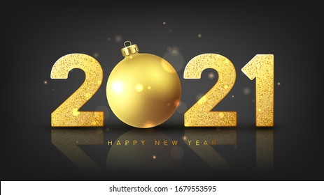 2021 Happy New Year card template. Vector illustration with golden numbers with sparkling sand and gold ball. Merry Christmas and Happy New Year holiday symbol template on black background.