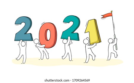 2021 Happy New Year card. Cartoon doodle illustration with little people prepare to celebration. Hand drawn vector illustration.