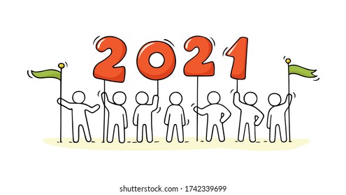 2021 Happy New Year card. Cartoon doodle illustration with liitle people prepare to celebration. Hand drawn vector illustration.