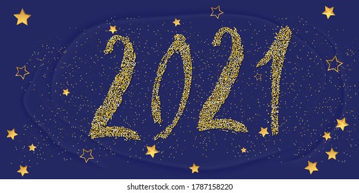 2021 Happy New Year card. Golden glitter confetti sparkles backdrop. Shining 2021 hand written lettering. Great for design New year party posters, holiday card, banner, header for website. Vector