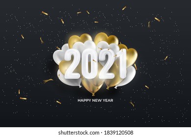 2021 happy new year card with balloon number on black background.