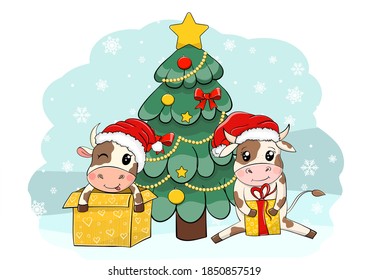 2021 Happy New Year card. Cute Cartoon Bulls in Santa hat and gifts. vector illustration