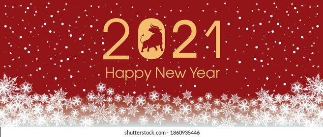 2021 Happy New Year card template. Design patern snowflakes white, ox. Red and golden colors.