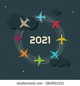 2021 Happy New Year Card With Night Sky And Colorful Airplanes