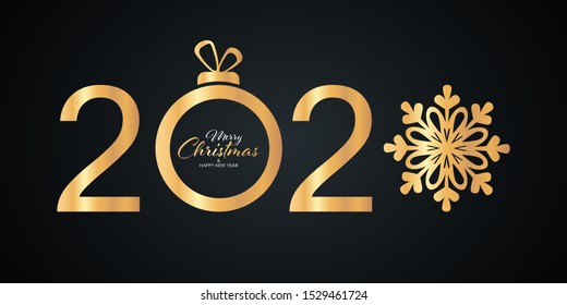 2021 Happy New Year celebrate banner with handwritten new year holiday greetings, gold christmas ball and snowflake. Vector illustration.