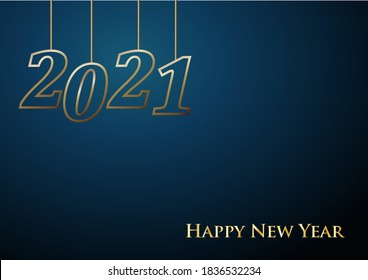 2021 Happy New Year celebrate card with holiday greetings, vector golden hanging text
