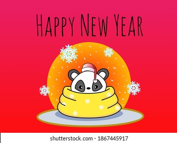 2021 Happy New Year celebrations. Cute panda baby hiding in a big scarf because of chillness. New Year greeting card, template, poster, banner, cover, background, social media post design.