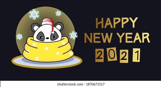 2021 Happy New Year celebrations. Cute panda baby hiding in a big scarf because of chillness. New Year greeting card, template, poster, banner, cover, background, social media post design.