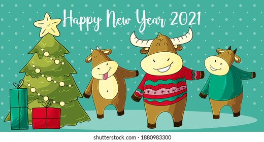 2021 HAPPY NEW YEAR Children's illustration. Chinese new year 2021 year of the ox
