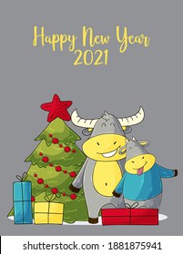 2021 HAPPY NEW YEAR Children's illustration. Chinese new year 2021 year of the ox