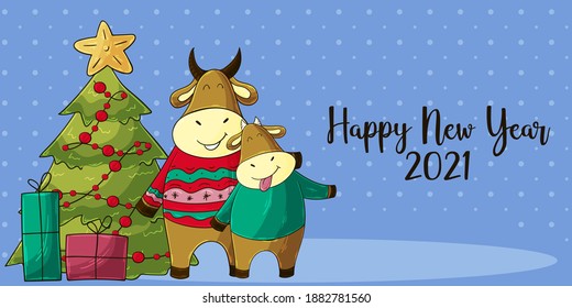 2021 HAPPY NEW YEAR Children's illustration. Chinese new year 2021 year of the ox