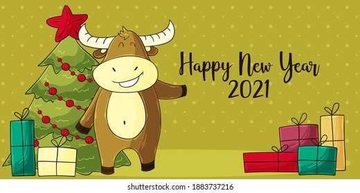 2021 HAPPY NEW YEAR Children's illustration. Chinese new year 2021 year of the ox