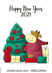 2021 HAPPY NEW YEAR Children's illustration. Chinese new year 2021 year of the ox