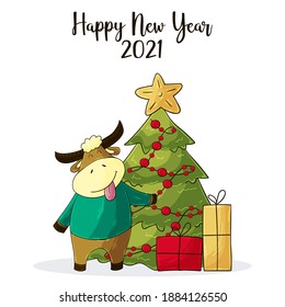 2021 HAPPY NEW YEAR Children's illustration. Chinese new year 2021 year of the ox