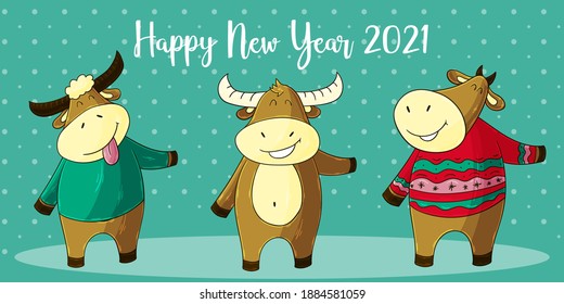 2021 HAPPY NEW YEAR Children's illustration. Chinese new year 2021 year of the ox