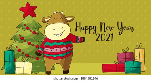 2021 HAPPY NEW YEAR Children's illustration. Chinese new year 2021 year of the ox