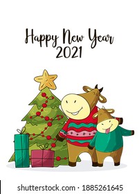 2021 HAPPY NEW YEAR Children's illustration. Chinese new year 2021 year of the ox