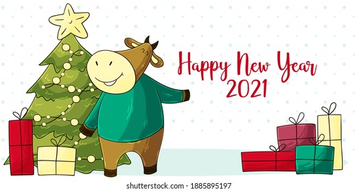2021 HAPPY NEW YEAR Children's illustration. Chinese new year 2021 year of the ox