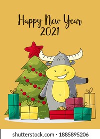 2021 HAPPY NEW YEAR Children's illustration. Chinese new year 2021 year of the ox