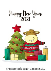 2021 HAPPY NEW YEAR Children's illustration. Chinese new year 2021 year of the ox