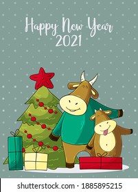 2021 HAPPY NEW YEAR Children's illustration. Chinese new year 2021 year of the ox