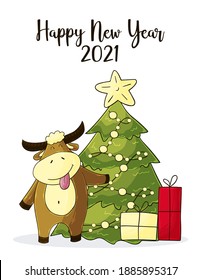 2021 HAPPY NEW YEAR Children's illustration. Chinese new year 2021 year of the ox